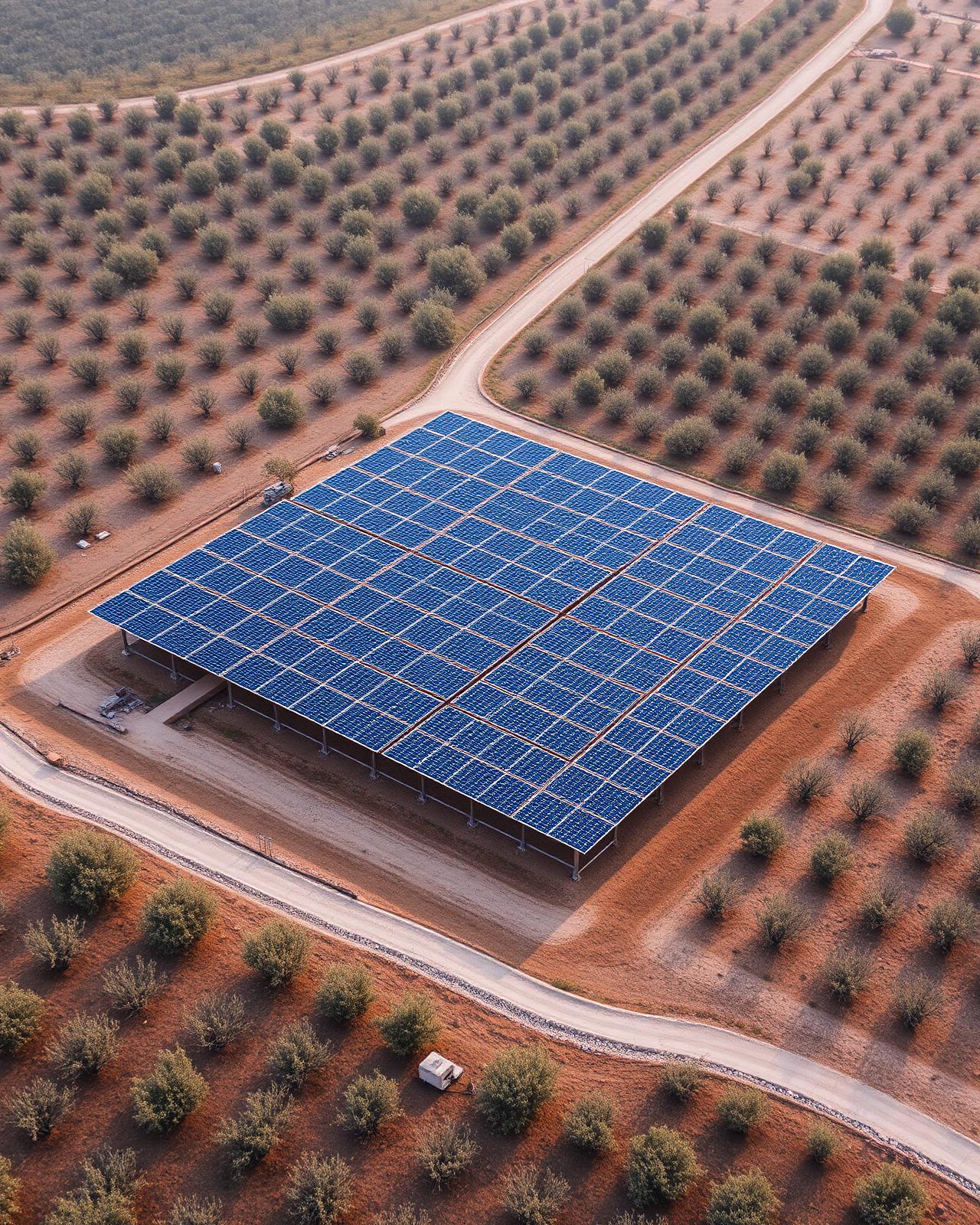 Aerial view of a modular solar array integrated with olive groves in Albania